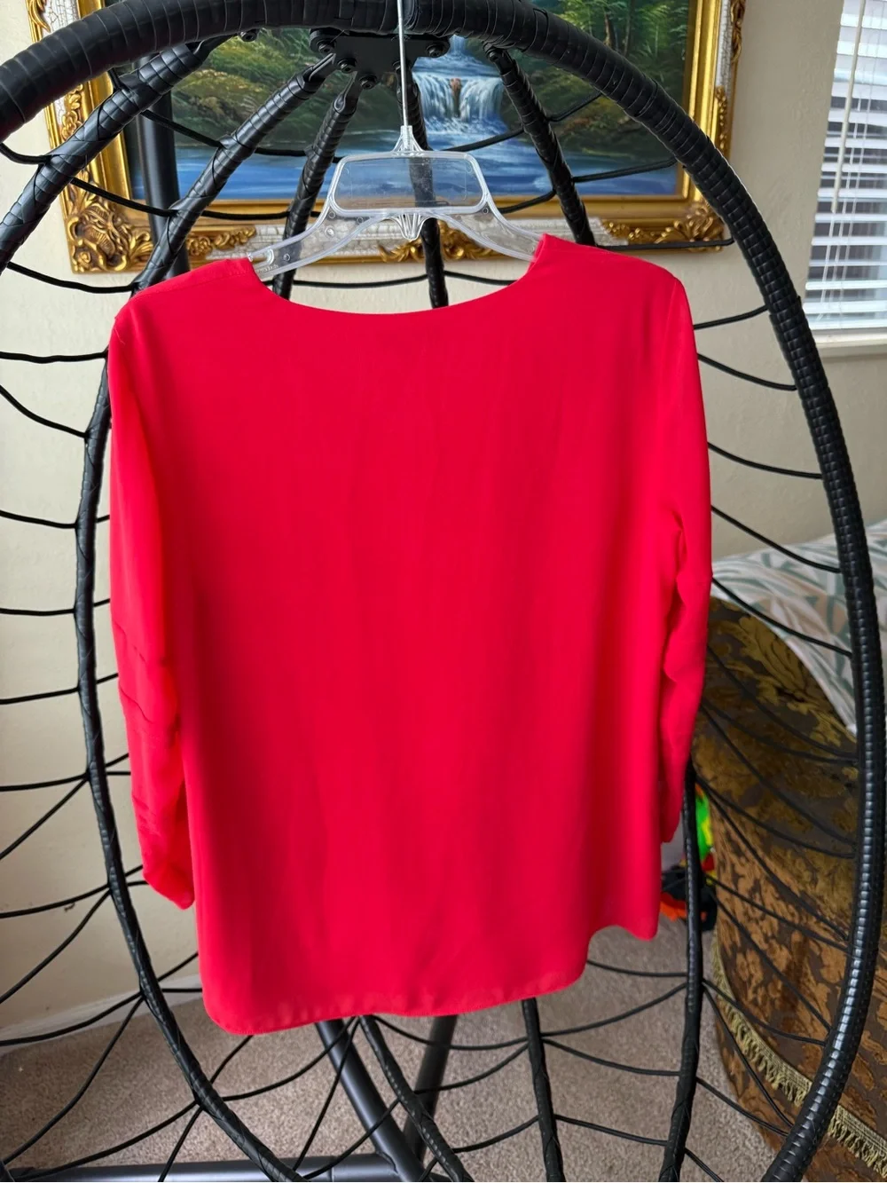 Alfani Red V-Neck Blouse with Sheer Mesh Pleated Sleeves Size Small SP19 - Picture 7 of 7